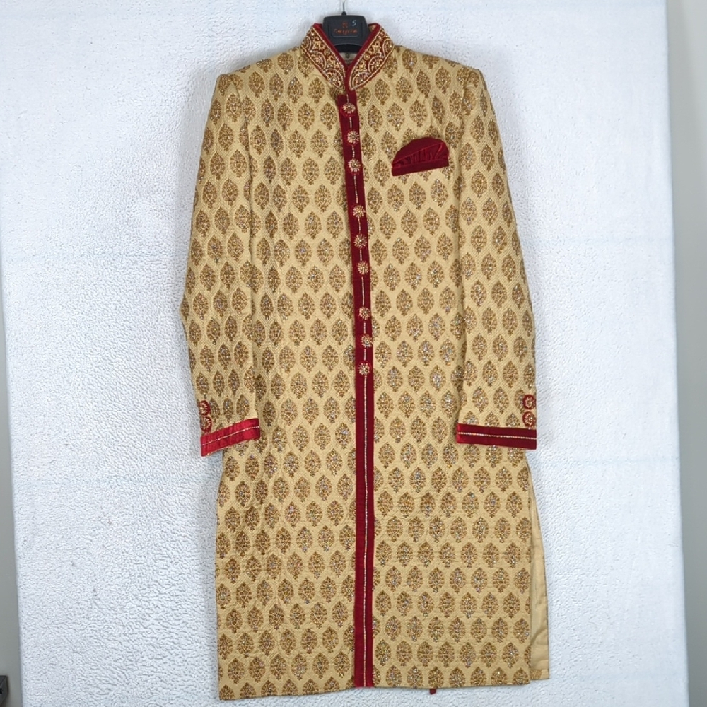 Manyavar Men's Beige Jacquard‎ Traditional Groom Sherwani Set Size L